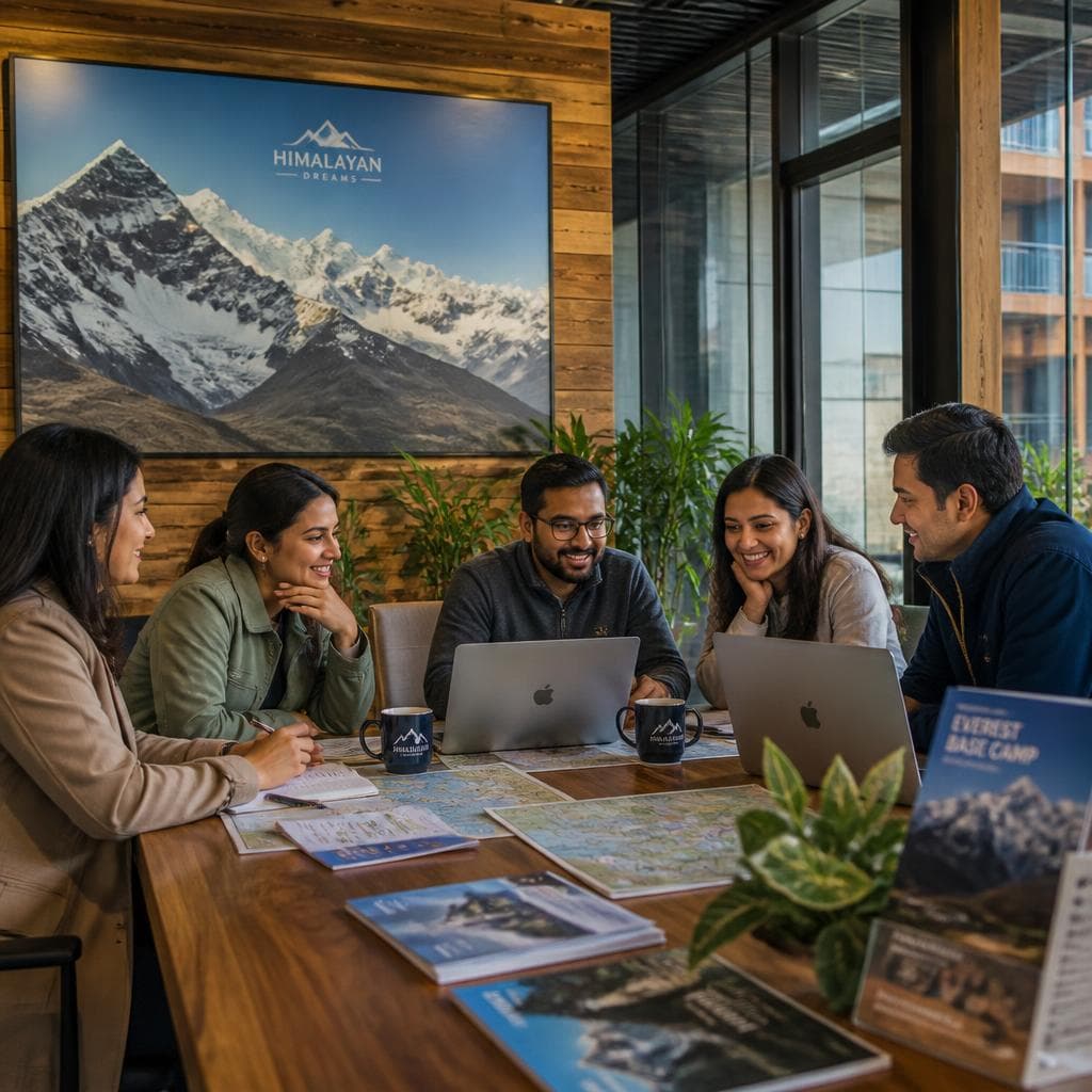 Professional travel consultants planning luxury Himalayan tours in a modern office