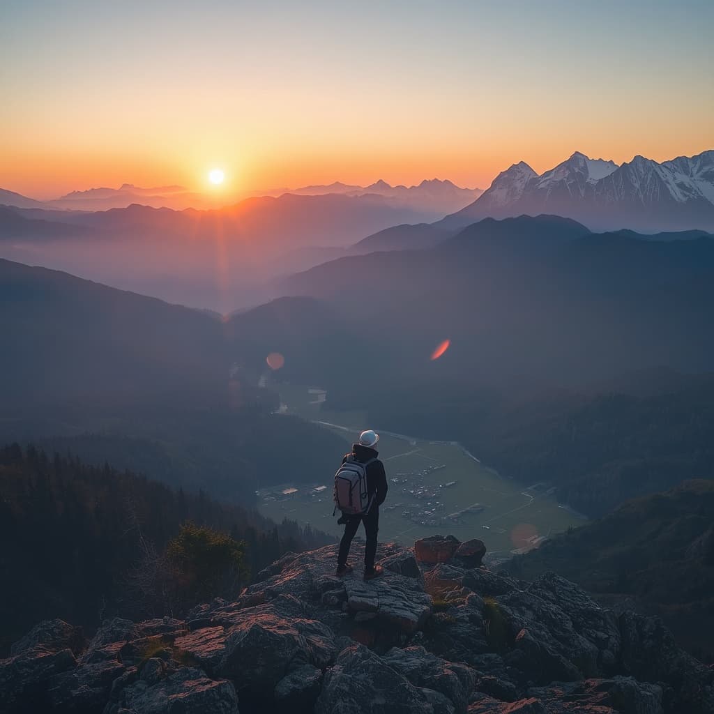 Luxury traveler overlooking the Himalayan mountains during sunrise