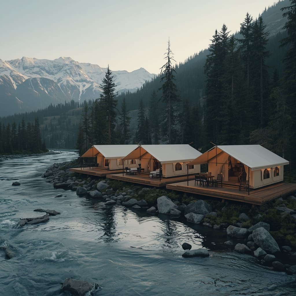 Luxury riverside campsite in the Himalayas with tents and mountain backdrop
